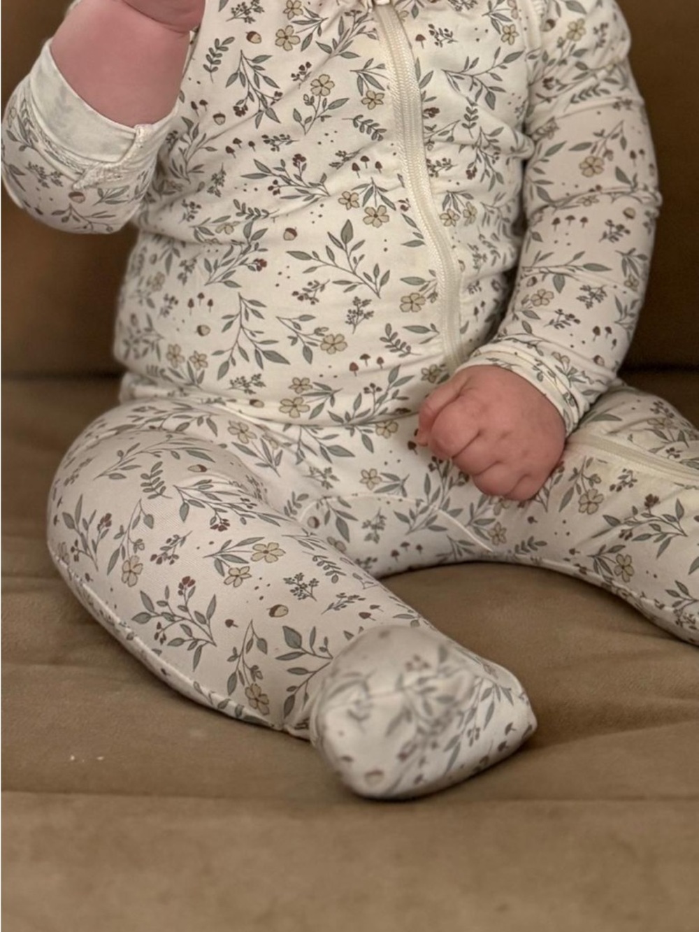 6-12 Month Footie Bundle, Hidden Snap Pinstripes + Zip Woodland Floral - Picture 2 of 10